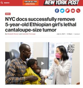 Screenshot of an article titled: NYC docs successfully remove 5-year-old Ethiopian girl’s lethal cantaloupe-size tumor