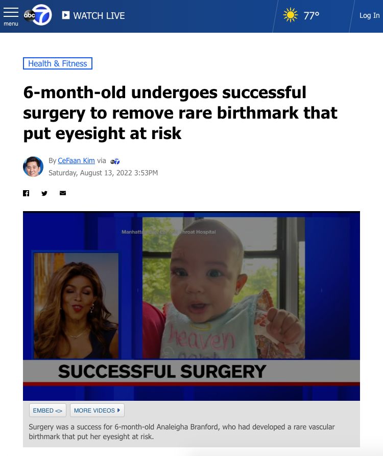 screenshot of an article titled: 6-month-old undergoes successful surgery to remove rare birthmark that put eyesight at risk